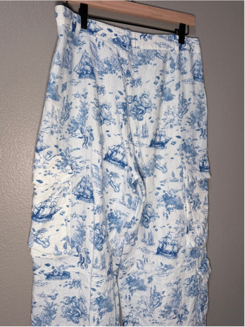 Avec Les Filles linen blend White Blue Toile Print Wide Leg Cargo Pants M - Picture 6 of 8